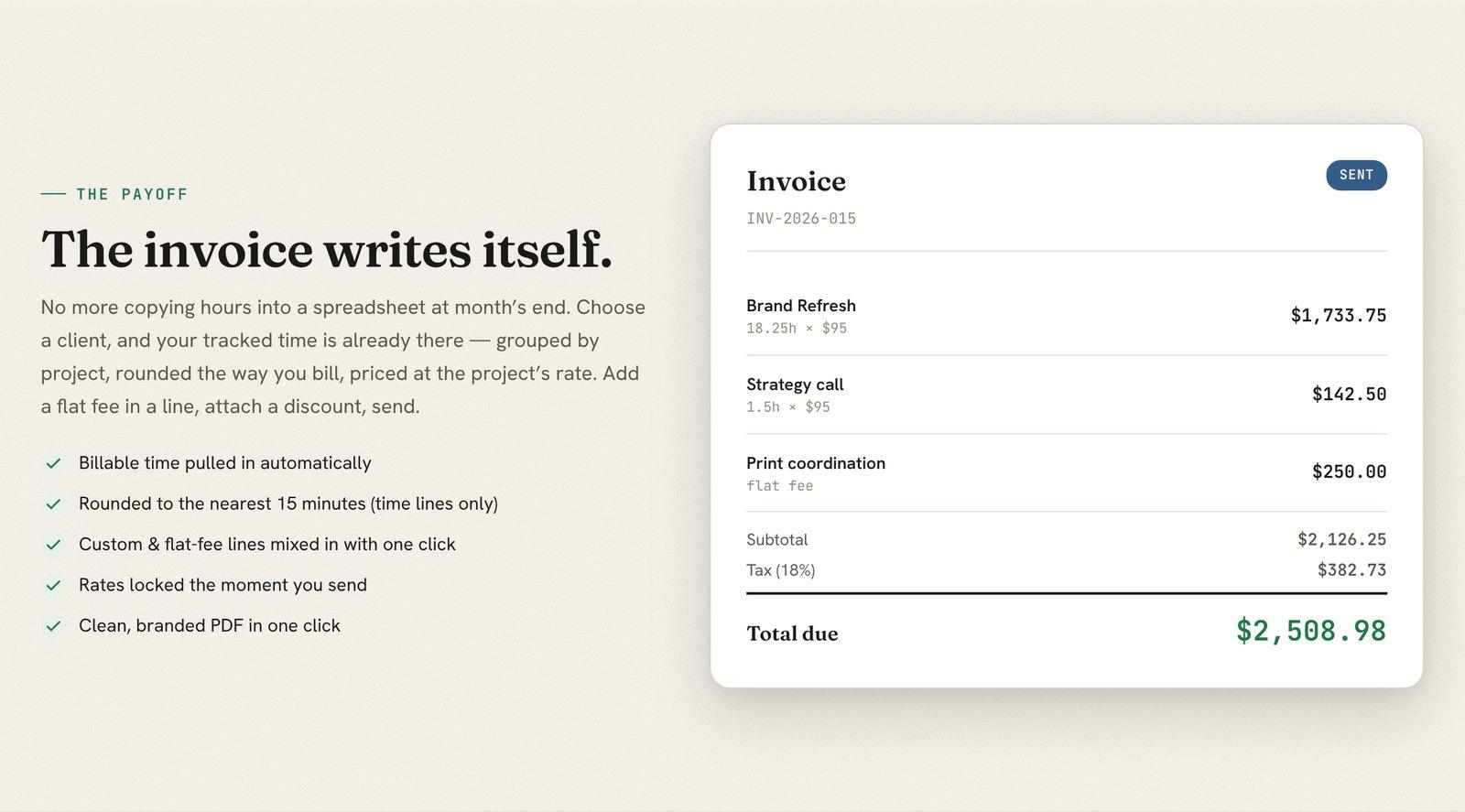 The invoice writes itself: tracked time grouped by project with rates locked on send
