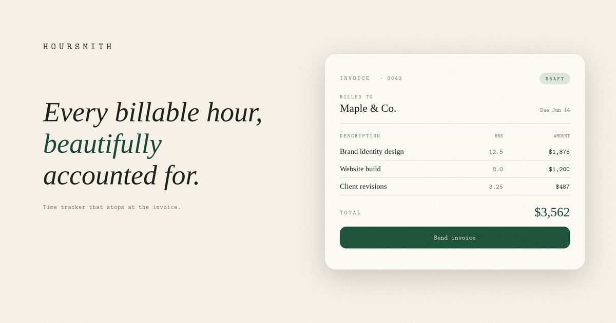 Hoursmith: every billable hour, beautifully accounted for — invoice draft for Maple & Co.